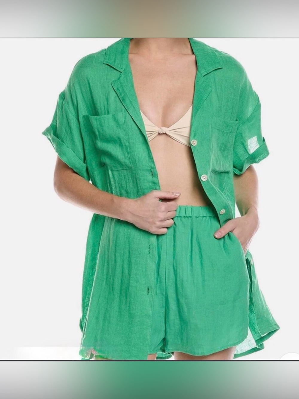 Vitamin A Linen Green Button-Down Short Sleeve Boyfriend Shirt tallows shorts XS